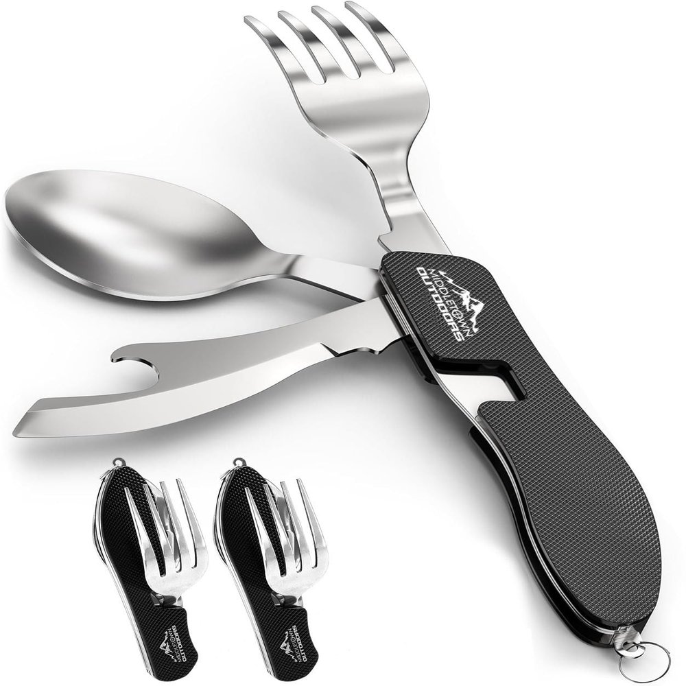 2Pcs Camping Flatware Foldable Utensils Detachable Portable and Versatile Stainless Steel Knife Fork Spoon and Bottle Opener Compact Outdoors Cutlery Pocket Knife Style - 2/pk