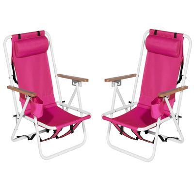 Pinikuyiro Set of 2 Folding Backpack Beach Chairs for Adults,Outdoor Folding Heavy Duty Camping Chair with Large Pockets and Cup Holder,Adjustable high Beach Lounge Chairs for Outdoor,Travel (Pink)