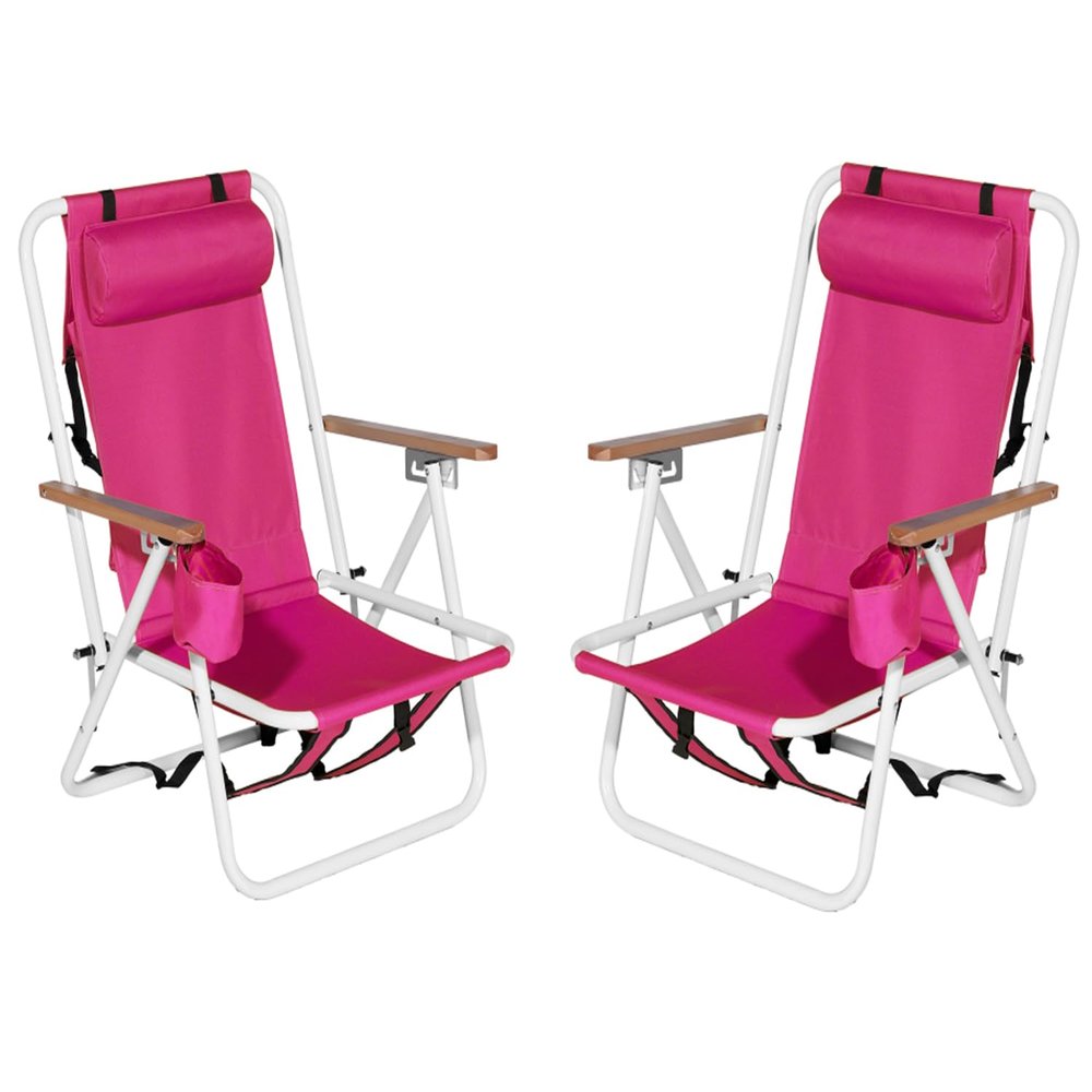 Pinikuyiro Set of 2 Folding Backpack Beach Chairs for Adults,Outdoor Folding Heavy Duty Camping Chair with Large Pockets and Cup Holder,Adjustable high Beach Lounge Chairs for Outdoor,Travel (Pink)