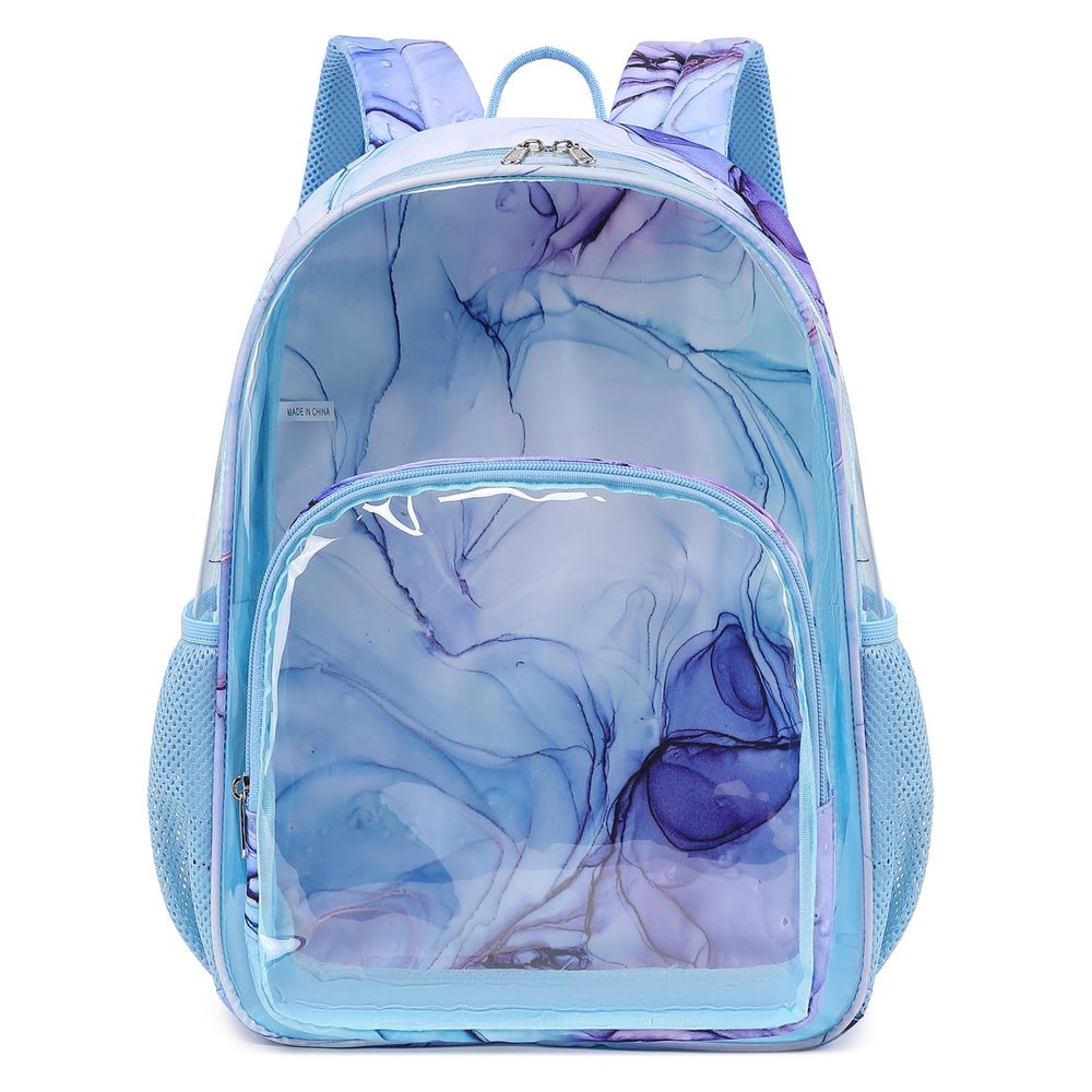 Dafelile Clear Backpack for Girls Heavy Duty Transparent See Through Backpacks for School Large Capacity Blue Marbles Stadium Approved Clear Bookbag for Boys