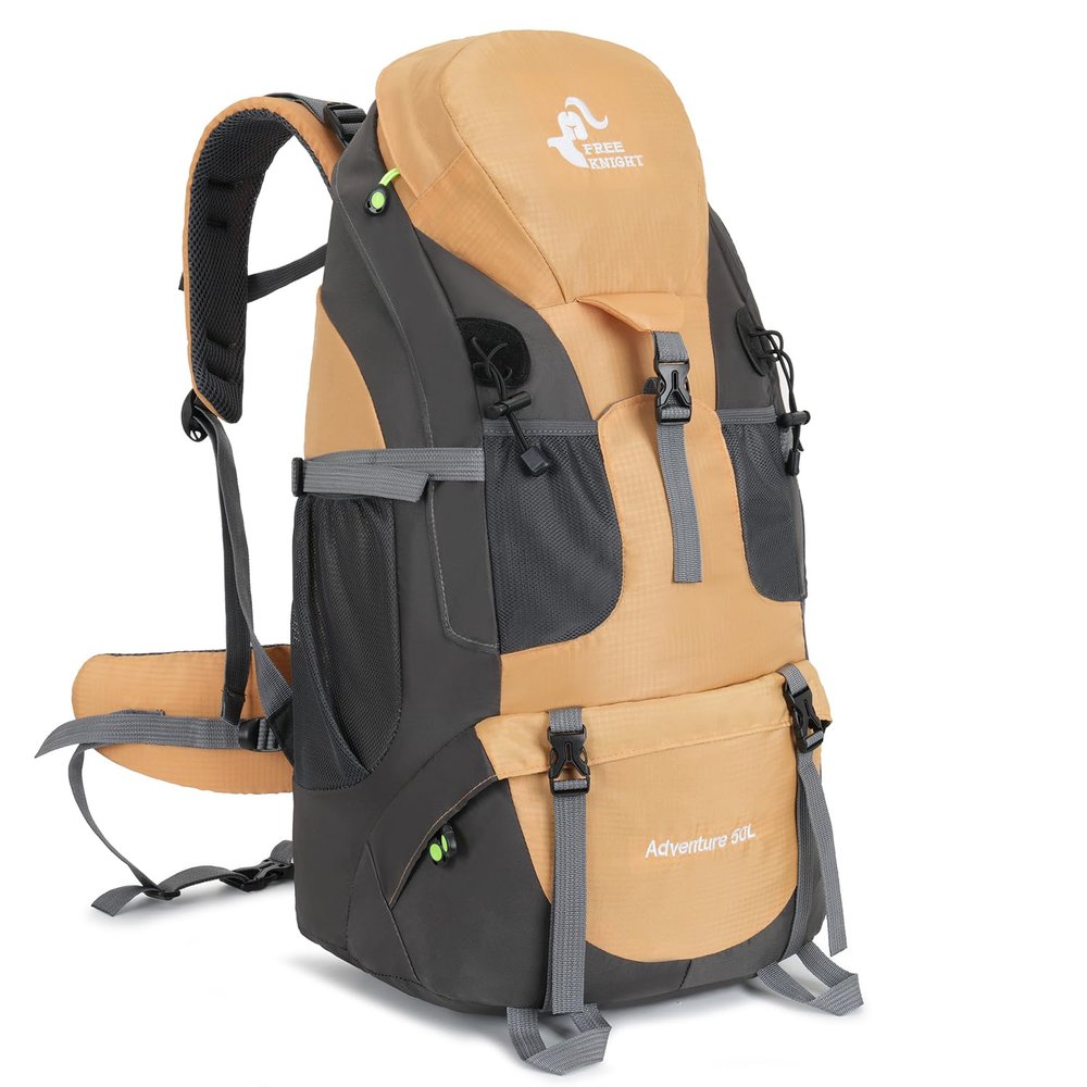 Bseash 50L Hiking Backpack, Water Resistant Lightweight Outdoor Sport Daypack Travel Bag for Camping Climbing Skiing Cycling (Gold - With Shoe Compartment)