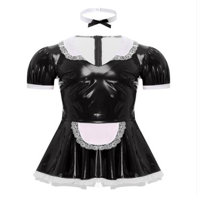 Moily Men's Shiny Leather French Maid Dress Sissy Crossdressing Lingerie Dress Nightwear Pajamas Black XX-Large