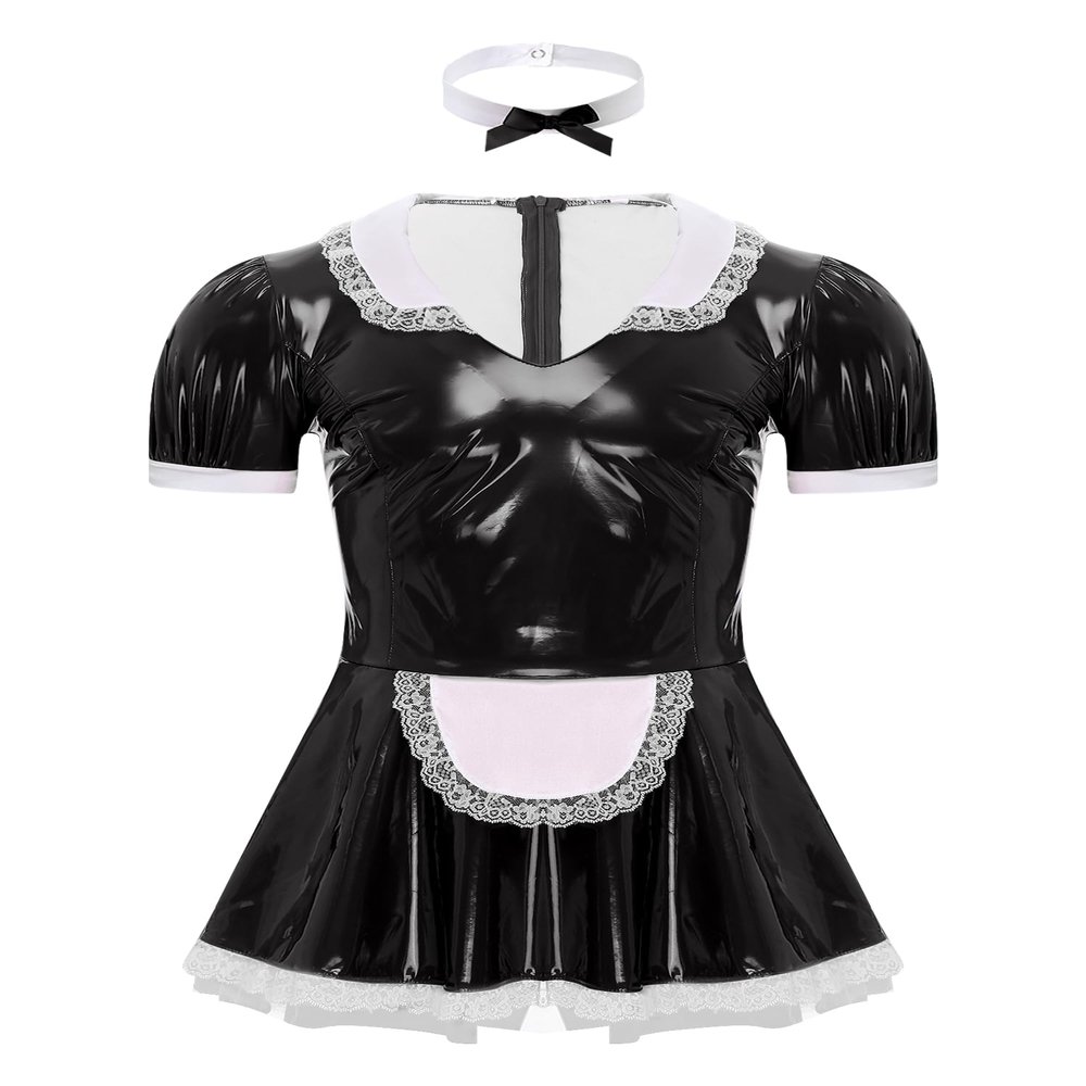 Moily Men's Shiny Leather French Maid Dress Sissy Crossdressing Lingerie Dress Nightwear Pajamas Black XX-Large