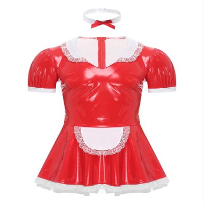 Moily Men's Shiny Leather French Maid Dress Sissy Crossdressing Lingerie Dress Nightwear Pajamas Red 4X-Large