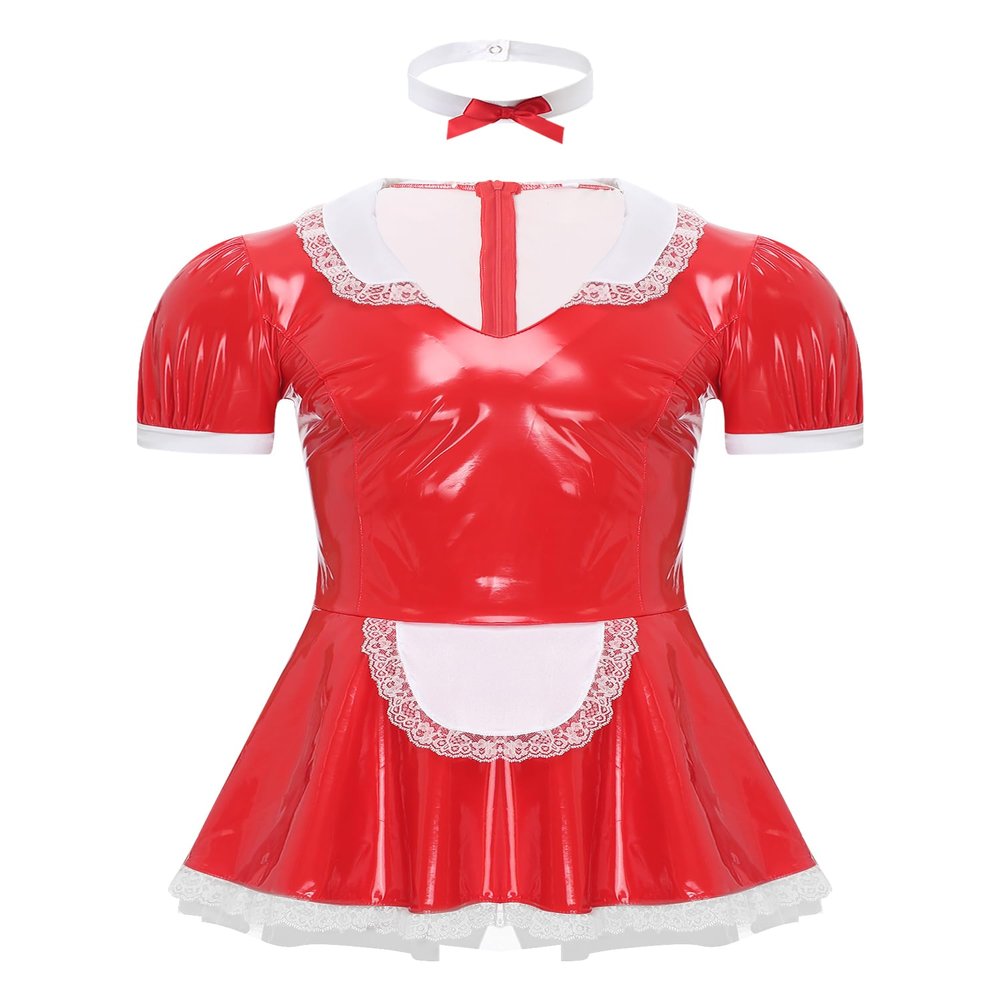 Moily Men's Shiny Leather French Maid Dress Sissy Crossdressing Lingerie Dress Nightwear Pajamas Red 4X-Large