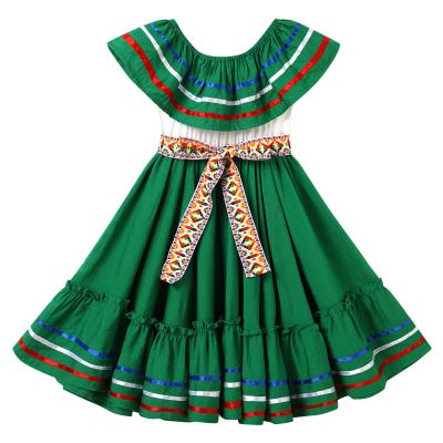 ABEHIK Mexican Dress for Girls Embroidered Traditional Folklorico Drape Dress with Belt Summer Off Shoulder Vestidos Rainbow Ruffle Cinco de Mayo Fiesta Birthday Party Dresses Green 4-5 Y