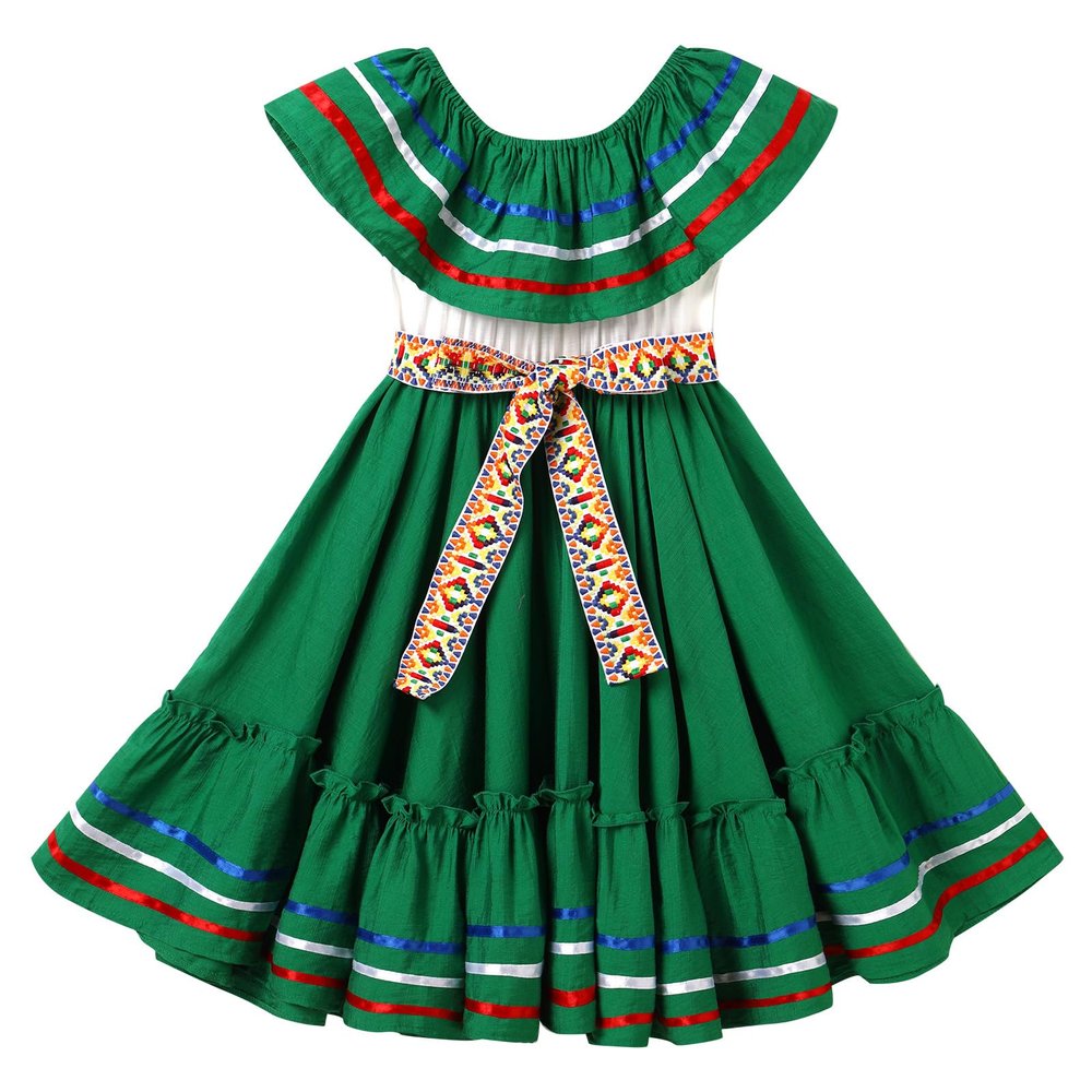 ABEHIK Mexican Dress for Girls Embroidered Traditional Folklorico Drape Dress with Belt Summer Off Shoulder Vestidos Rainbow Ruffle Cinco de Mayo Fiesta Birthday Party Dresses Green 4-5 Y
