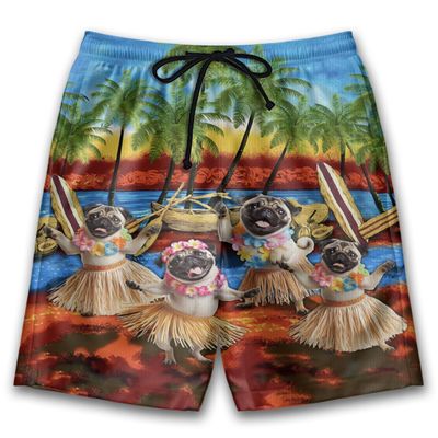 Pug Mens Swim Trunks - Hula Dog Hawaiian Mens Shorts - Summer Drawstring Beachwear Shorts Series 75 Size L