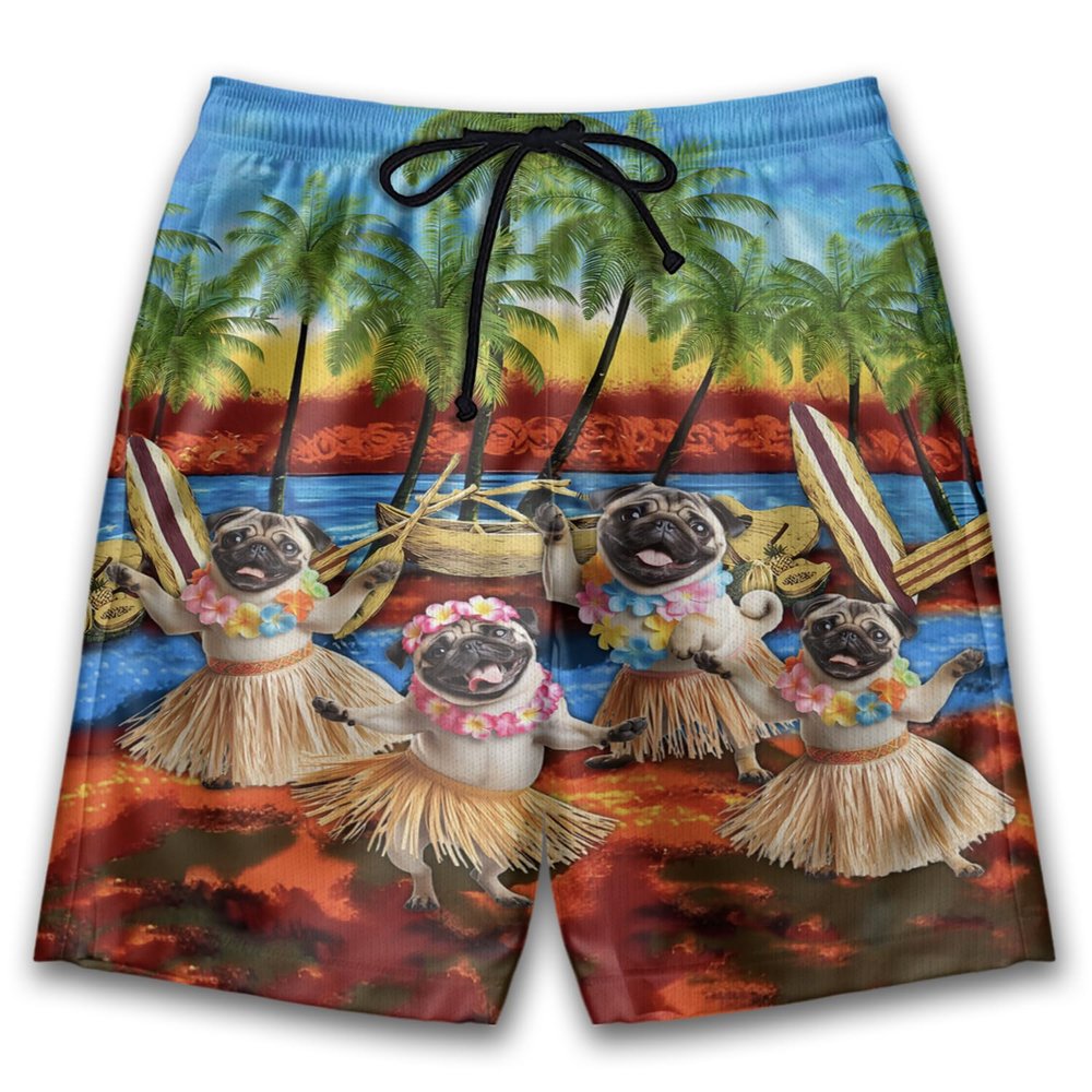Pug Mens Swim Trunks - Hula Dog Hawaiian Mens Shorts - Summer Drawstring Beachwear Shorts Series 75 Size L