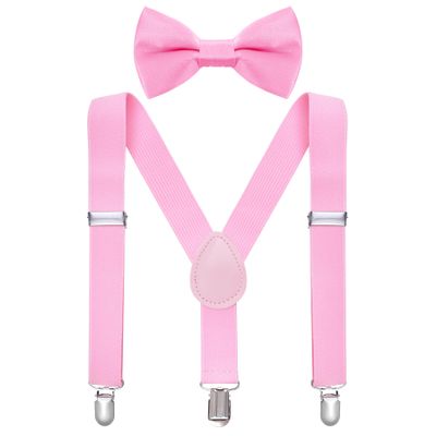 Bskifnn Kids Suspenders Bow Tie Sets Classic Solid Color Toddler Suspenders for Kids Wedding Party (Solid, Pink, kids)