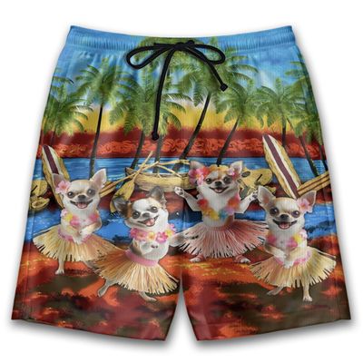 Chihuahua Mens Swim Trunks - Hula Dog Hawaiian Mens Shorts - Summer Drawstring Beachwear Shorts Series 75 Size S