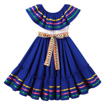 ABEHIK Traditional Mexican Dress for Girls Embroidered Mexican Folklorico Drape Dress with Belt Summer Off Shoulder Vestidos Rainbow Ruffle Cinco de Mayo Fiesta Birthday Party Dresses Blue 4-5 Y