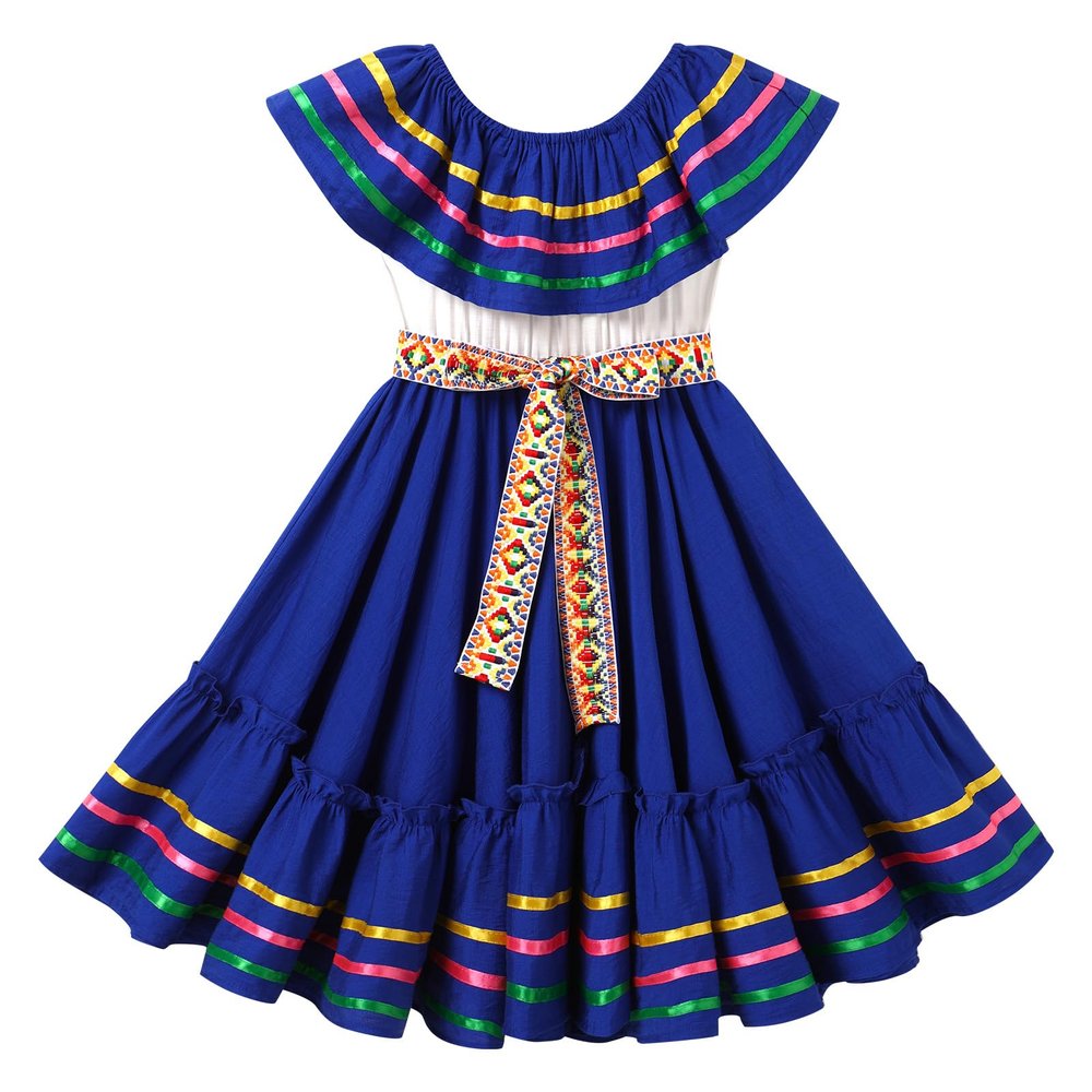 ABEHIK Traditional Mexican Dress for Girls Embroidered Mexican Folklorico Drape Dress with Belt Summer Off Shoulder Vestidos Rainbow Ruffle Cinco de Mayo Fiesta Birthday Party Dresses Blue 4-5 Y