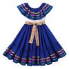ABEHIK Traditional Mexican Dress for Girls Embroidered Mexican Folklorico Drape Dress with Belt Summer Off Shoulder Vestidos Rainbow Ruffle Cinco de Mayo Fiesta Birthday Party Dresses Blue 4-5 Y view 1
