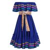 ABEHIK Traditional Mexican Dress for Girls Embroidered Mexican Folklorico Drape Dress with Belt Summer Off Shoulder Vestidos Rainbow Ruffle Cinco de Mayo Fiesta Birthday Party Dresses Blue 4-5 Y view 2
