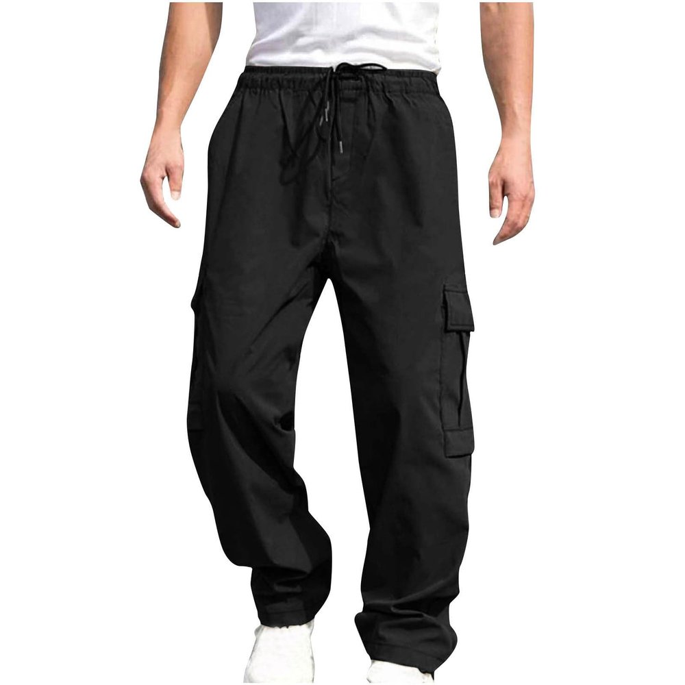 Men's Cargo Sweatpants Loose Fit Pants Joggers Trousers with Muti-Pockets, Open Bottom Drawstring Baggy Hiking Pants Black