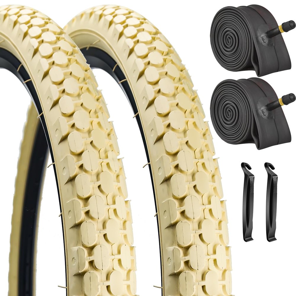 2 Pack 26" Bike Tire 26 x 2.125 Inch Folding Replacement Bicycle Tire Cream or with 32MM Schrader Valve for Beach Cruiser Bike (2 Tires 2 Tubes)