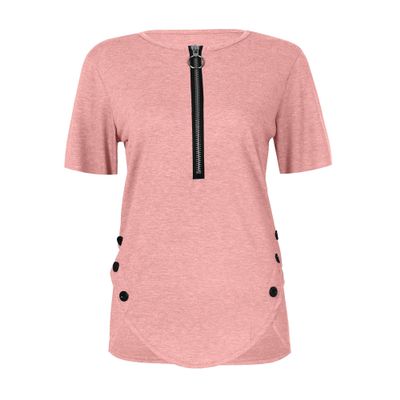 Women's Short Sleeve V Neck Front Zipper T Shirts Casual Tunic Button Up Henley Blouses Loose Fit Solid Color Tops Tees (3X-Large,Pink)