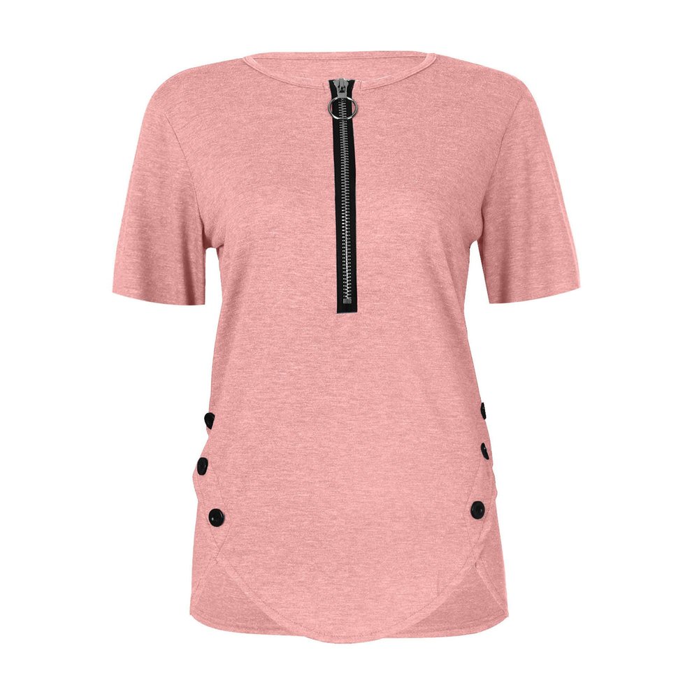 Women's Short Sleeve V Neck Front Zipper T Shirts Casual Tunic Button Up Henley Blouses Loose Fit Solid Color Tops Tees (3X-Large,Pink)