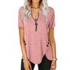 Women's Short Sleeve V Neck Front Zipper T Shirts Casual Tunic Button Up Henley Blouses Loose Fit Solid Color Tops Tees (3X-Large,Pink) view 2