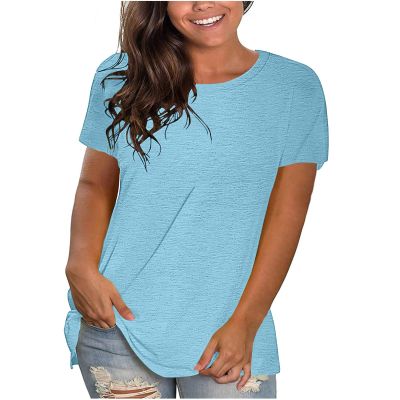 NineFit Basics Womens Tops Dressy Casual Short Sleeve Crew Neck Top Summer Solid Color Tops Flowy Loose Fitting Blouses Basic Blouse, Large