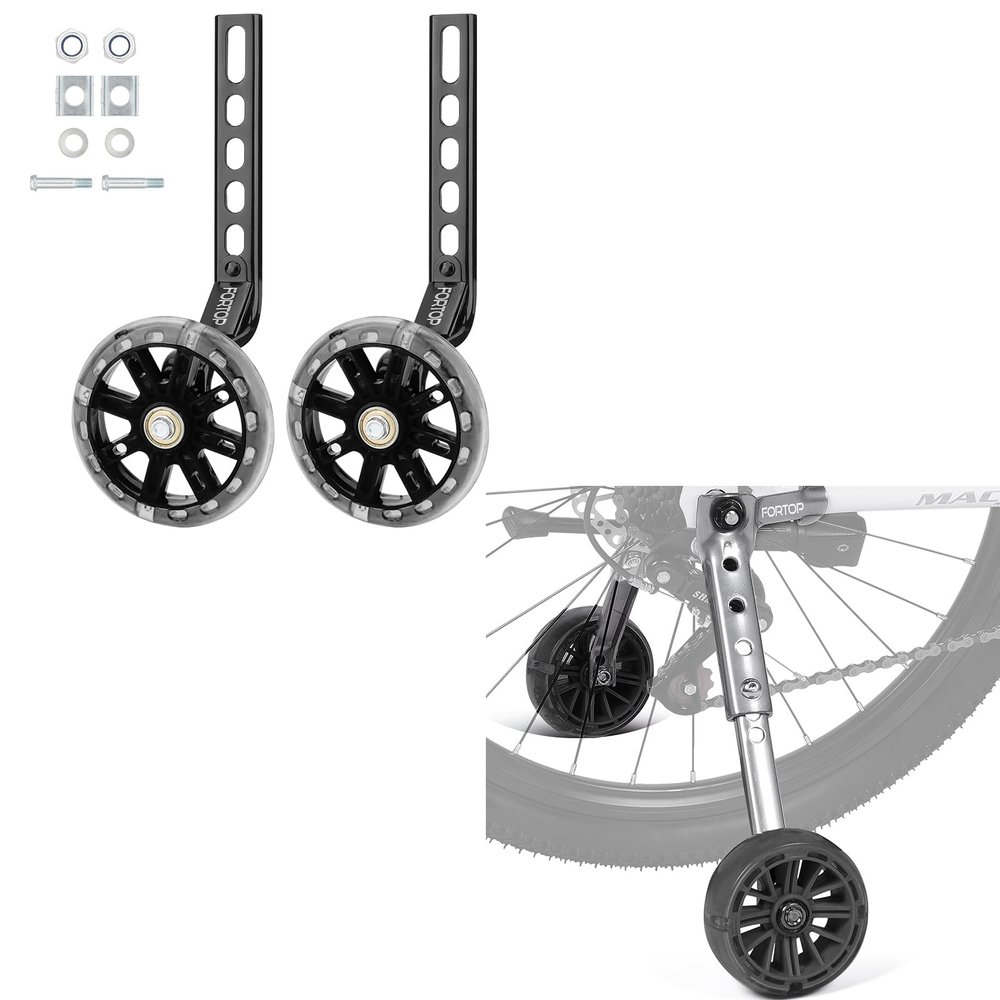 FORTOP Bike Training Wheels, Pair of Heavy Duty Rear with Stabilizers Mounted Kit for 12 14 16 18 20 22 24 inch Kids Boy Girls Bike (Black)