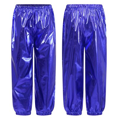 LiiYii Kids Girls Boys Shiny Metallic Dance Pants Modern Jazz Dance Costumes Athletic Leggings Hip Hop Trousers Blue 7-8 Years