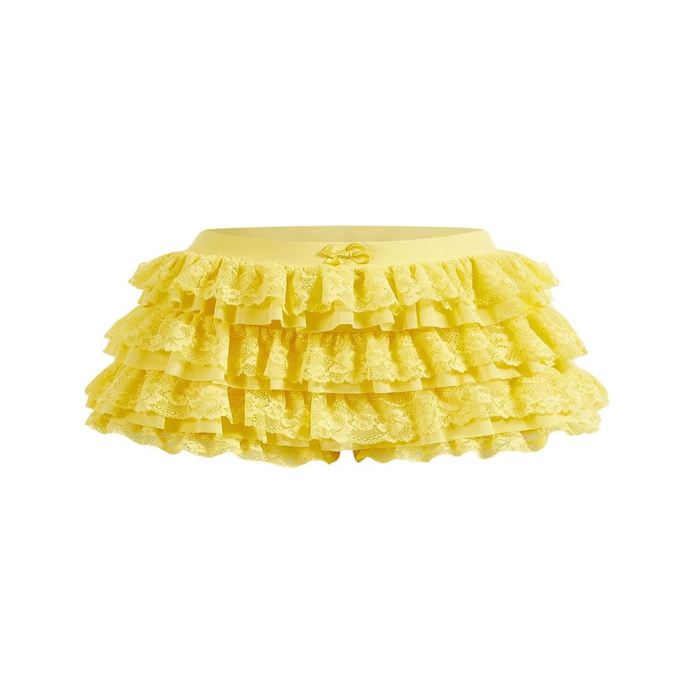 BEAUDRM Women's Y2k Ruffle Shorts Lace Lolita Bloomers Elastic Waist Bow Front Shorts Micro Boyshorts Yellow Large