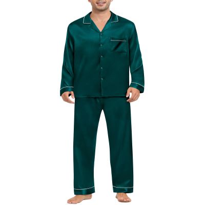 SWOMOG Mens Silk Pajamas Set Satin Long Sleeve Button Down 2 PCS Sleepwear V Neck Classic Loungewear Pjs with Long Pants Dark Green