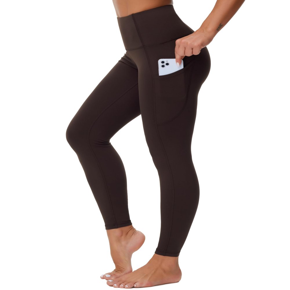 Dragon Fit High Waist Yoga Leggings with 3 Pockets,Tummy Control Workout Running 4 Way Stretch Yoga Pants Coffee