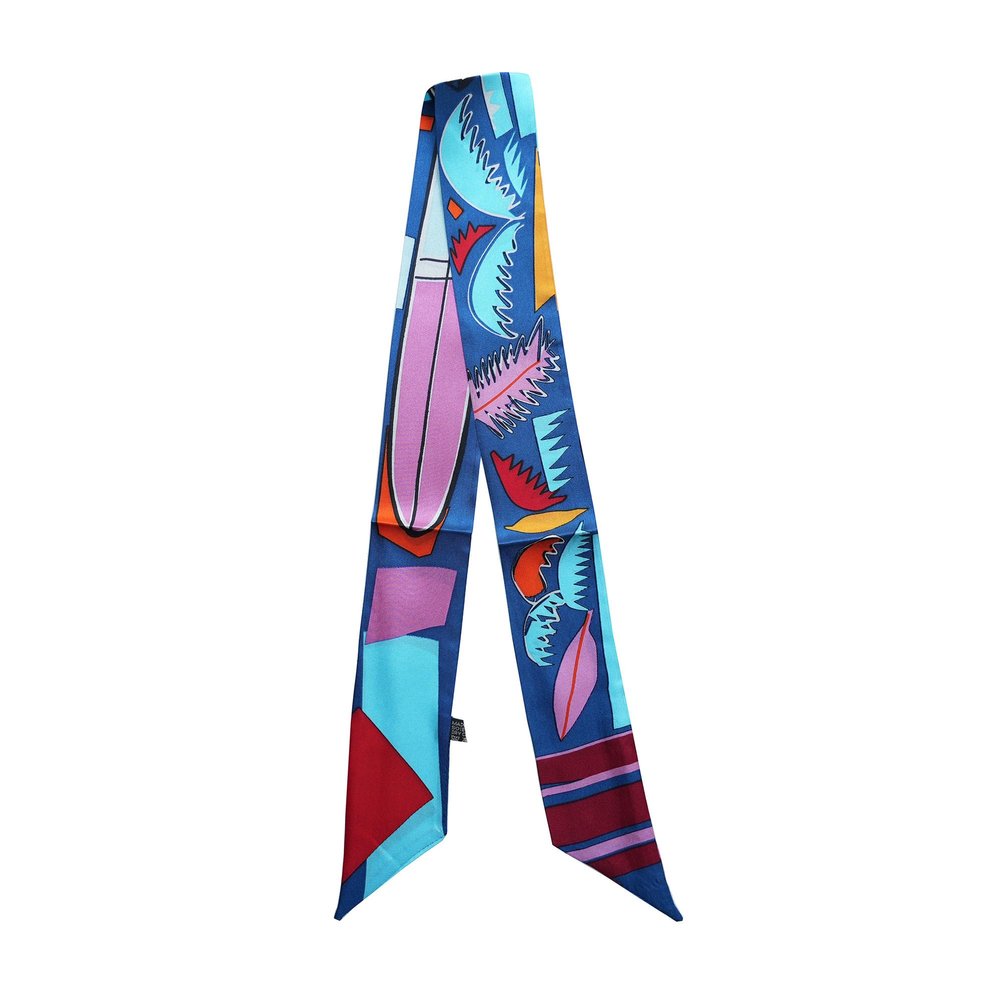 JERLA 100% Mulberry silk Scarf Head Hair Ribbon Handbag Handle wrap Tie Bundle Neckerchief Scarf for women (Coast navy blue)