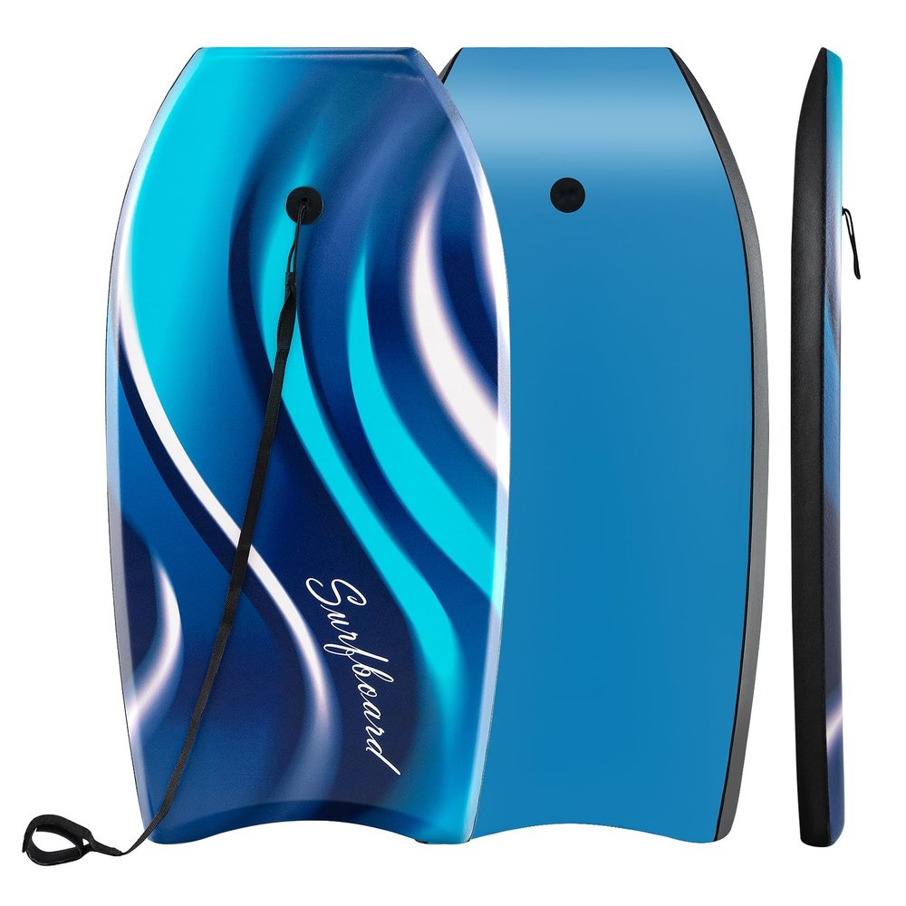 GYMAX Body Boards for Beach, 33"/37"/41" Body Board with EPS Foam Core, Crescent Tail, Dual Channel & Wrist Leash, Lightweight Bodyboard for Kids, Youth, Adults (Blue Wave, 37inch)