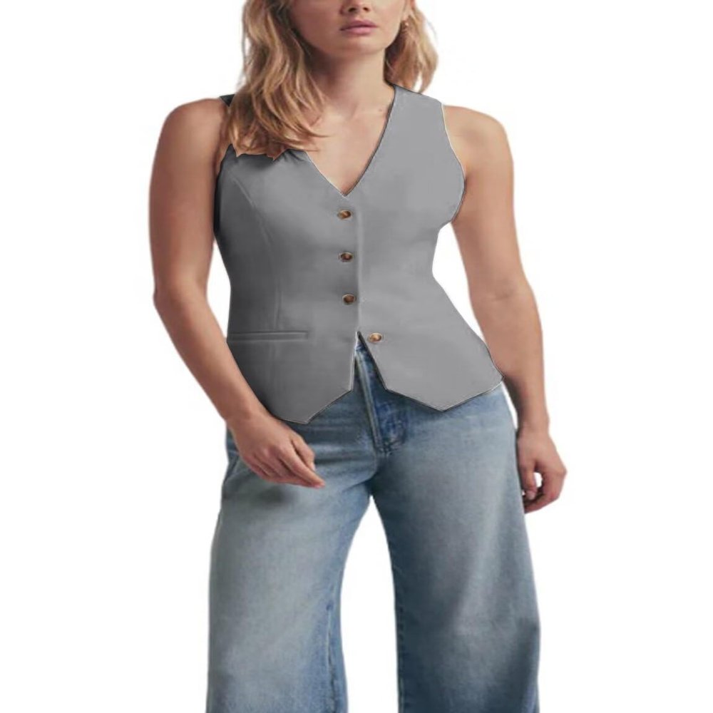 DRAHANCE Women's Solid Vest Sleeveless 4 Button V Neck Waistcoat Casual Office Crop Top Grey