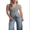 DRAHANCE Women's Solid Vest Sleeveless 4 Button V Neck Waistcoat Casual Office Crop Top Grey view 1