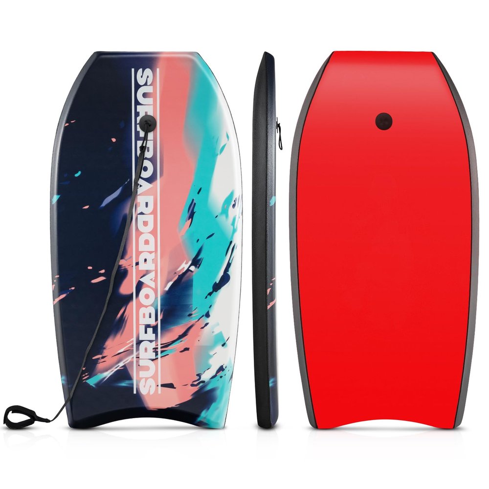 Goplus 41''/37''/33'' Lightweight Body Board for Beach, Surf Board with EPS Core, XPE Deck, HDPE Slick Bottom, Wrist Leash, Bodyboard for Kids Adults Surfing (Black+Pink+Blue, 41 Inches)