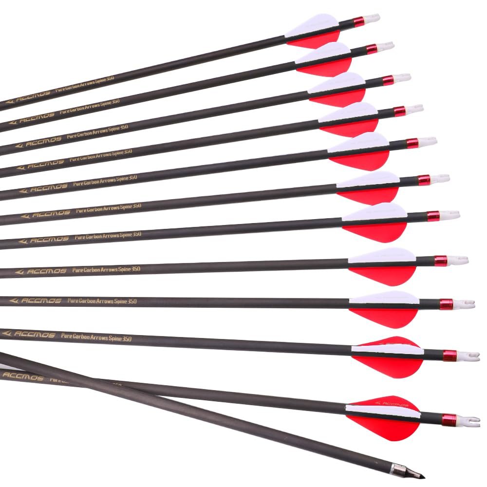 ACCMOS 12pc 29-Inch Spine-400 Arrow Removable Tips Targeting Hunting Arrow Plastic Fletching 2 Inch Vane Carbon Arrows for Compound Bow Recurve Bow Adult Youth Archery Red White