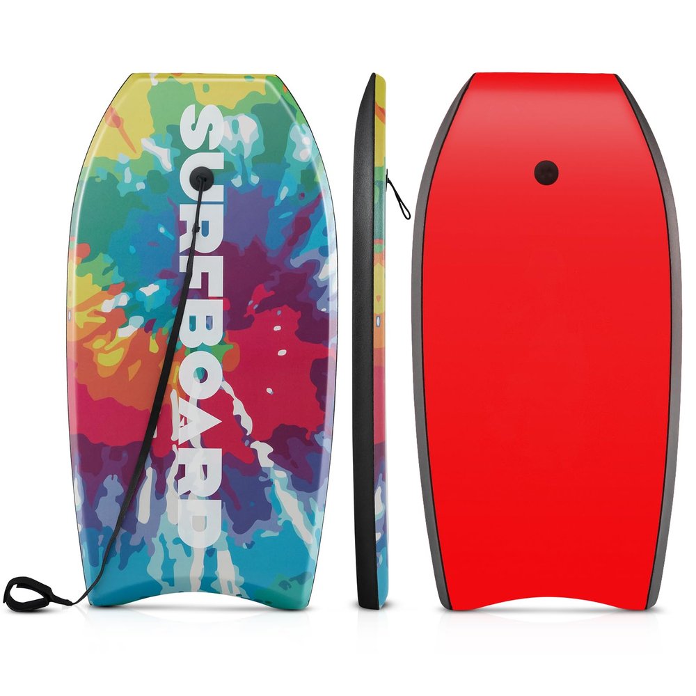 Goplus 41''/37''/33'' Lightweight Body Board for Beach, Surf Board with EPS Core, XPE Deck, HDPE Slick Bottom, Wrist Leash, Bodyboard for Kids Adults Surfing (Rainbow Ink, 41 Inches)