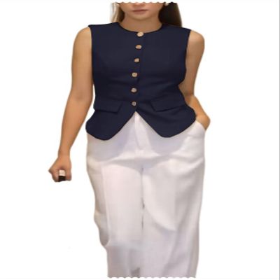 DRAHANCE Womens Waistcoat Button Down Dressy Sleeveless Jacket Office Suit Vests Navy Blue