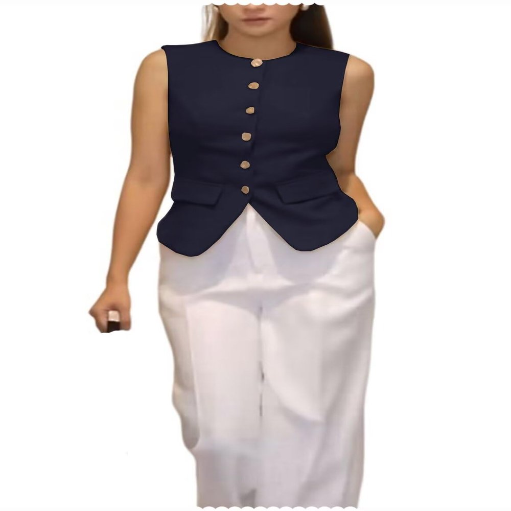 DRAHANCE Womens Waistcoat Button Down Dressy Sleeveless Jacket Office Suit Vests Navy Blue