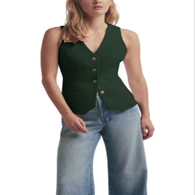 DRAHANCE Women's Solid Vest Sleeveless 4 Button V Neck Waistcoat Casual Office Crop Top Dark Green