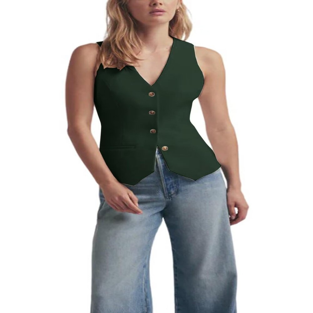 DRAHANCE Women's Solid Vest Sleeveless 4 Button V Neck Waistcoat Casual Office Crop Top Dark Green