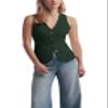 DRAHANCE Women's Solid Vest Sleeveless 4 Button V Neck Waistcoat Casual Office Crop Top Dark Green view 1