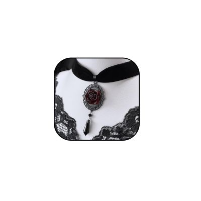 Rrdaily Black Rose Cameo Pendent Choker,Gothic Velvet Choker Necklace Vintage Resin Red Crystal Gem Pendent Necklaces Witch Jewelry for Women (Black)