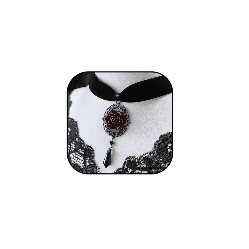 Rrdaily Black Rose Cameo Pendent Choker,Gothic Velvet Choker Necklace Vintage Resin Red Crystal Gem Pendent Necklaces Witch Jewelry for Women (Black)