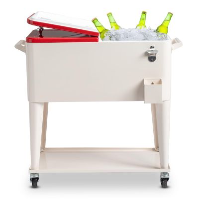 80 Quart Rolling Ice Chest Cooler Cart with Wheels, Portable Patio Backyard Party Bar Drink Stand Up Cooler Trolley with Shelf, Beverage Pool with Bottle Opener for Picnic, BBQ, Camping, Tailgating
