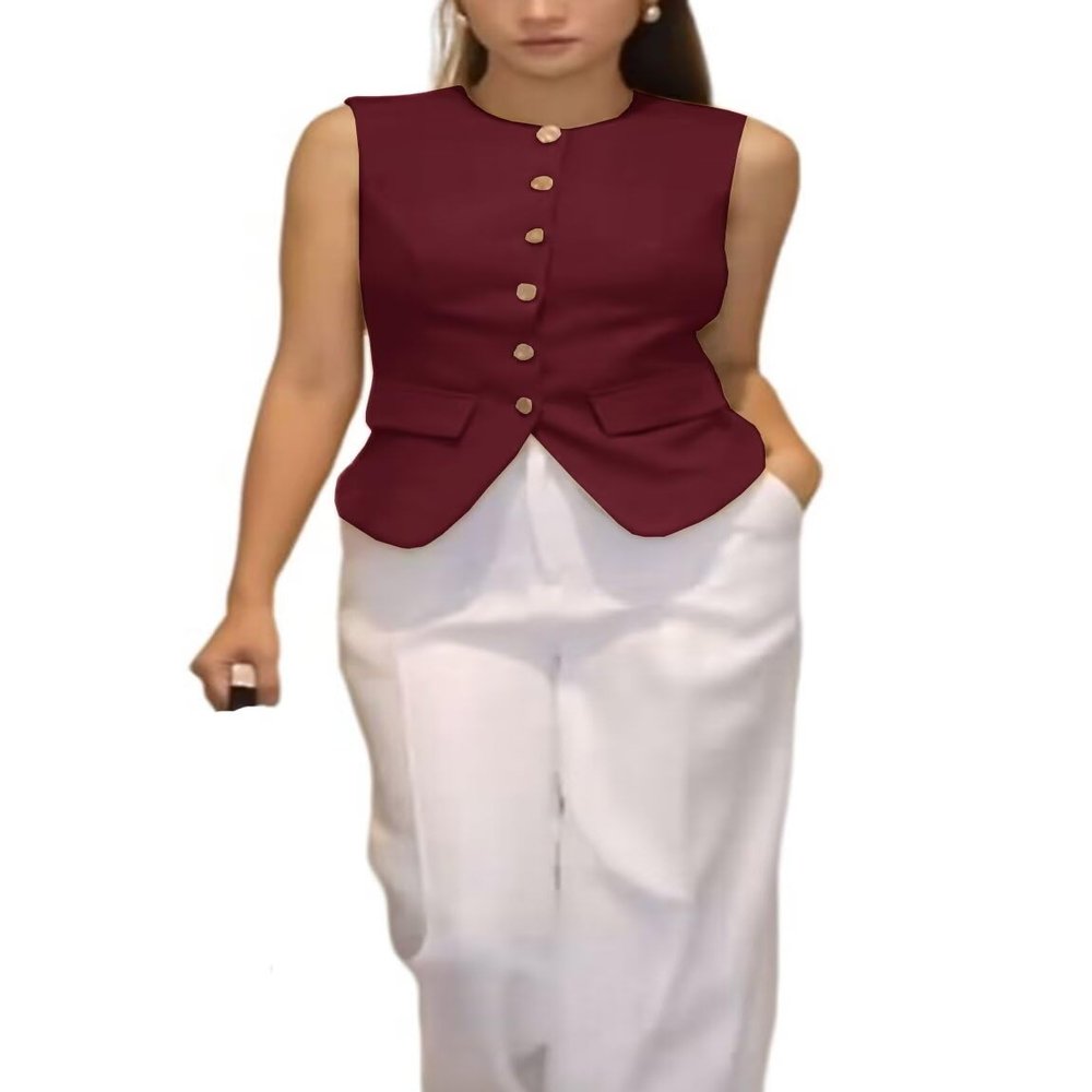 DRAHANCE Womens Waistcoat Button Down Dressy Sleeveless Jacket Office Suit Vests Burgundy