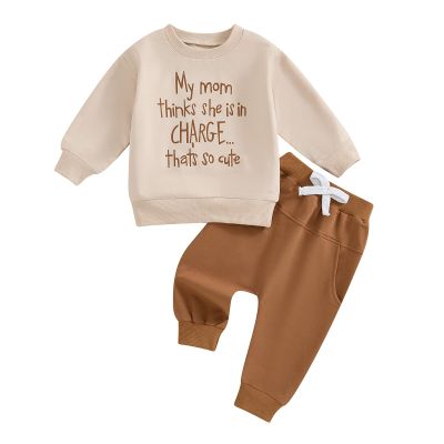 wdehow Infant Toddler Baby Boy 2Pcs Outfits Long Sleeve Letters Print Pullover Tops + Drawstring Pants Set Fall Winter Clothes (A-Apricot, 3-4T)