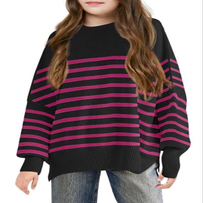 Batermoon Girls Striped Oversized Sweaters Fashion Batwing Sleeve Side Slit Knit Pullover Clothes 5-14 Years