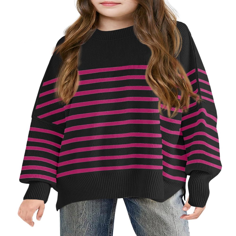 Batermoon Girls Striped Oversized Sweaters Fashion Batwing Sleeve Side Slit Knit Pullover Clothes 5-14 Years