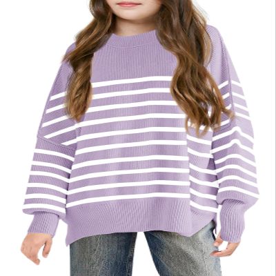 Batermoon Girls Striped Oversized Sweaters Fashion Batwing Sleeve Side Slit Knit Pullover Clothes 5-14 Years Purple